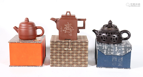 3 Chinese Yixing Teapots; 1 with Ink Inscrpt…