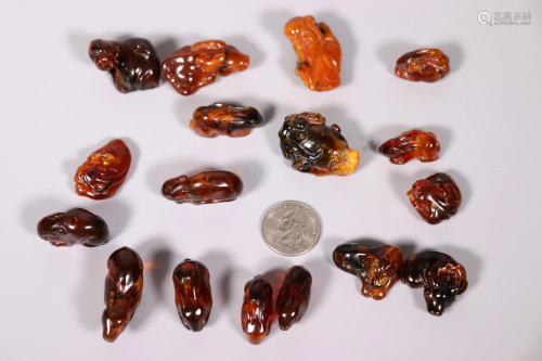 17 Small Chinese Amber Animal Toggles, 68 G