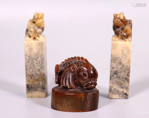 3 Chinese Seals; Pair Shoushan, 1 Buffalo Horn