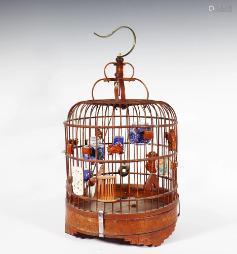 Chinese Bamboo Bird Cage Porcelain Feeders