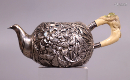 Japanese 19 C Silver Chrysanthemum Teapot w …