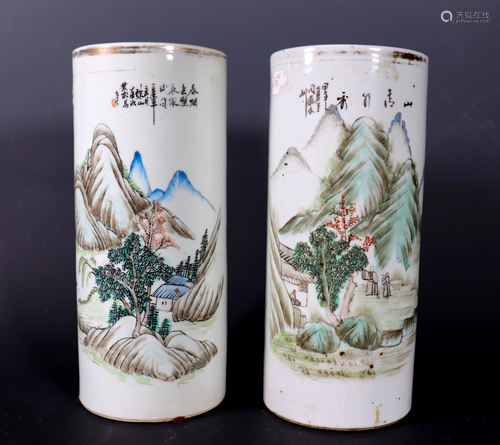 2 Chinese Artist Painted Porcelain Hat Stands