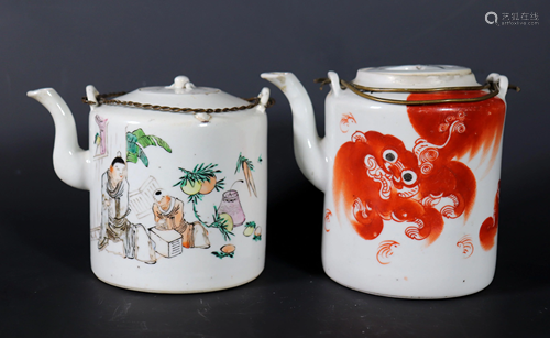 2 Chinese Porcelain Teapots; Fu Dog, Scholar