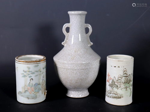 3 Chinese Porcelains; 2 Brush Pots & Guan Vase