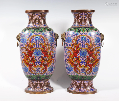 Pr Chinese Cloisonne on Bronze Ovoid Vases