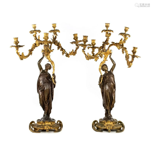 Pair of Amphictyonis Bronze & Gilt Candelabras