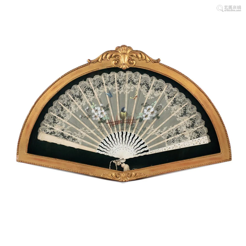 Hand-Painted Fan Encased in Glass and Wo…