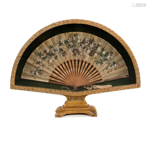 Hand-Painted Fan Encased in Glass and Ped…