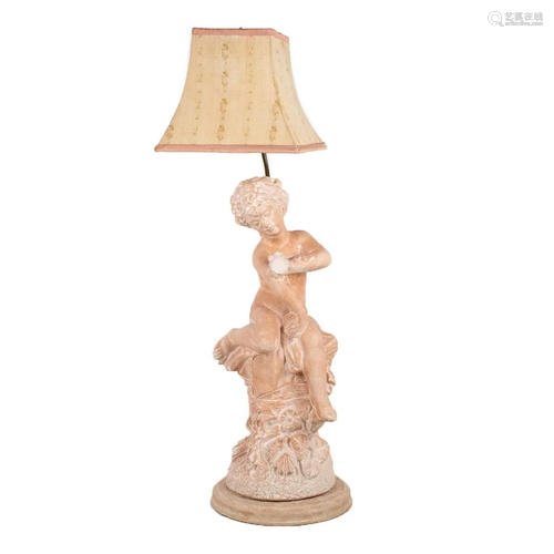 Pink Plaster Cherub Figural Table Lamp