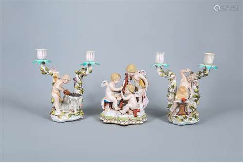 A Set of Porcelain Statue and Candle Holders