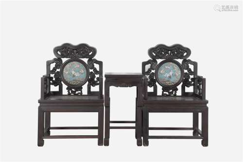 A Set of Chinese Carved Hardwood Chairs and Table with Cloisonne Inlaid