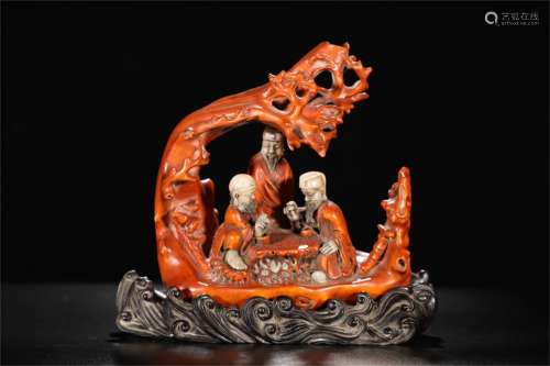 A Chinese Carved Boxwood Decoration with Stone Inlaid