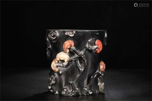 A Chinese Carved Hardwood Brush Pot with Stone Inlaid