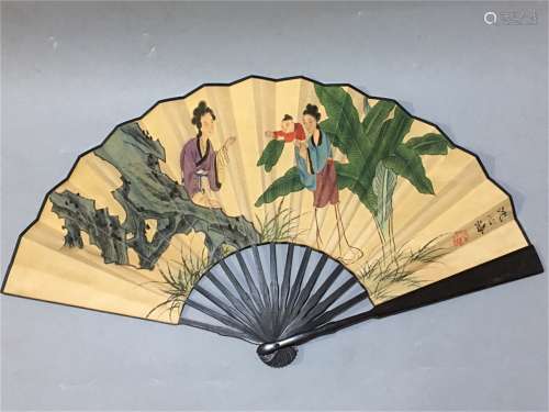 A Chinese Carved Hardwood Fan with Painting, Shen Xinhai Mark