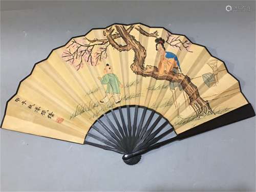 A Chinese Carved Hardwood Fan with Painting, Pan Zhenyong Mark