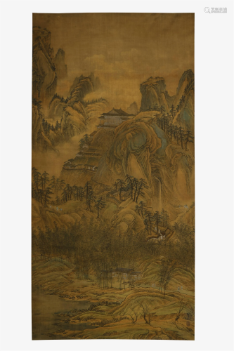 Yi Ming, Landscape Painting on Silk with Scroll