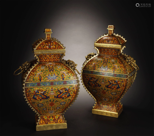 Pair of Gilt Bronze Cloisonne Vase