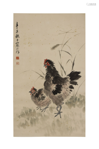Jiang Hanting, Chickens Painting with Scr…