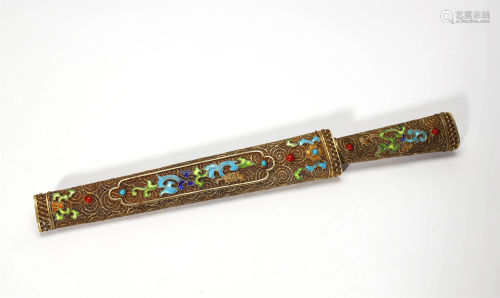 Gilt Silver Inlaid Gemstones and Enamel Knife