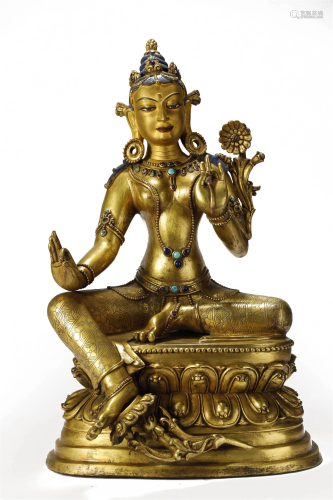 Qing, Gilt Bronze Inlaid Gemstones Buddha