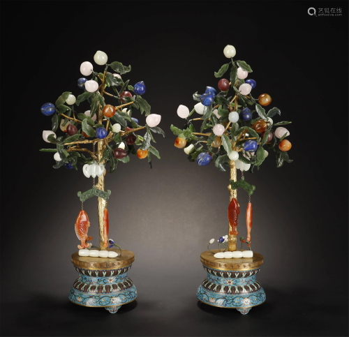 Qing, Pair of Gemstones and Cloisonne …