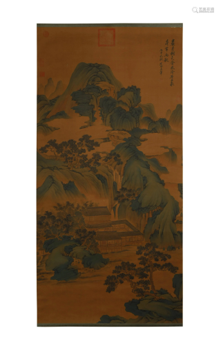 Wang Hui Landscape Painting on Silk with Scroll