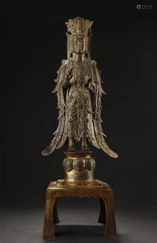 Early Stage, Gilt Bronze Standing Kuan Yin …