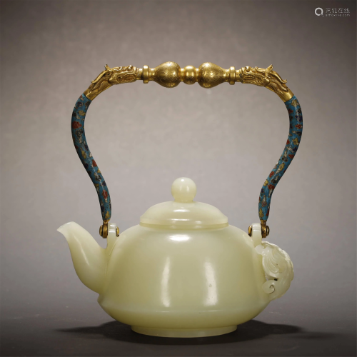 Qing, Hetian Jade Teapot with Cloisonne Ha…