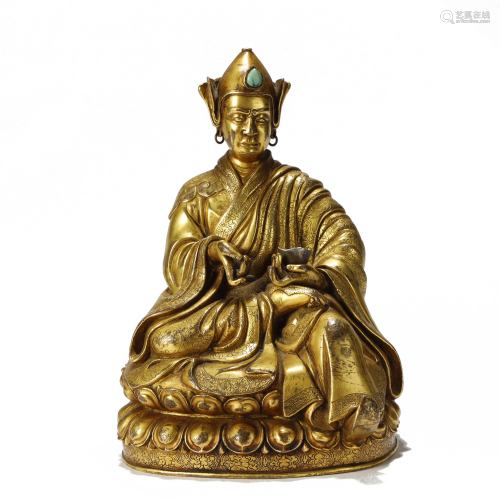 Qing, Gilt Bronze Inlaid Gemstones Buddha …