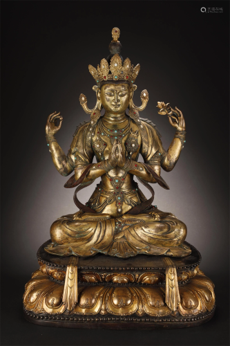 Qing, Gilt Bronze Buddha with Inlaid Gemst…