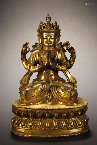 Gilt Bronze Four Arms Kuan Yin Buddha