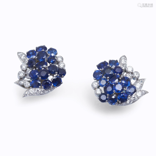 A pair of sapphire, diamond, and platinum ea…