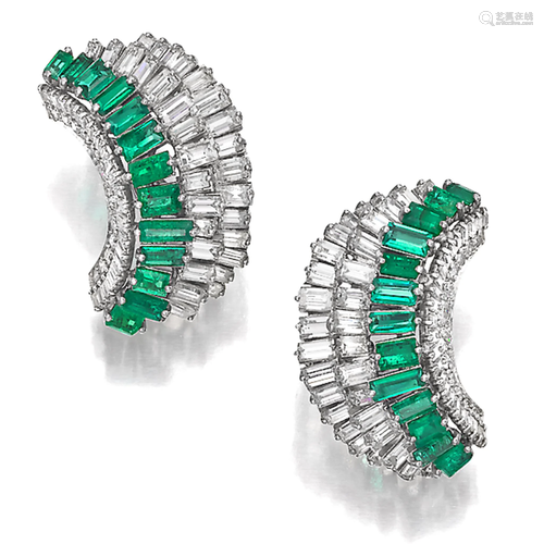 A pair of diamond, emerald, and platinum ear…