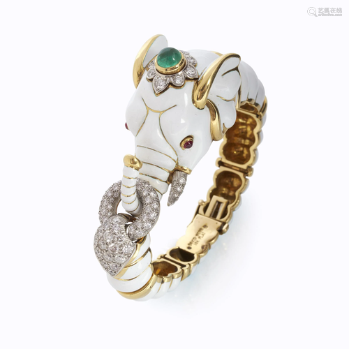 A white enamel, eighteen karat gold, diam…