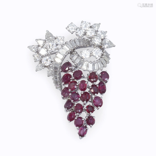 A ruby, diamond, and platinum brooch,