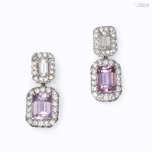 A pair of pink topaz, diamond, and platinum drop