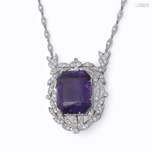 An amethyst, diamond, and platinum pe…