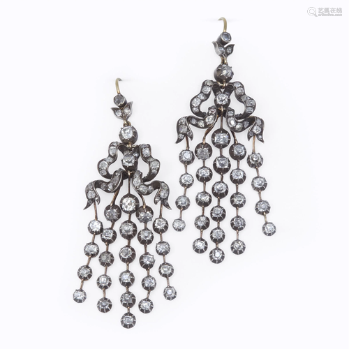 A pair of antique diamond earpendants, cir…