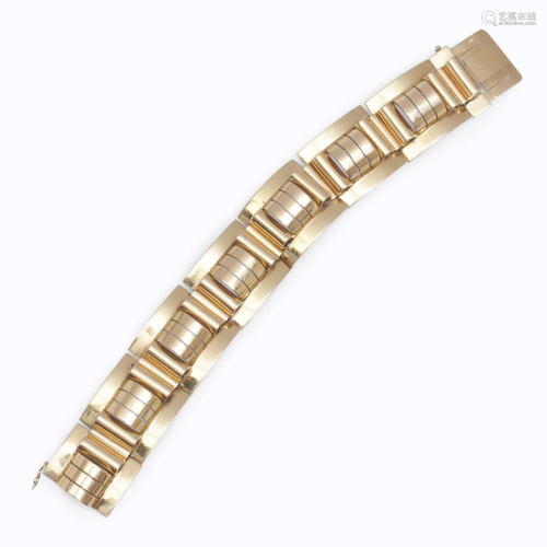 A Retro eighteen karat gold strap bracelet, …
