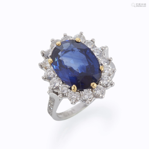 A sapphire, diamond, and platinum ri…