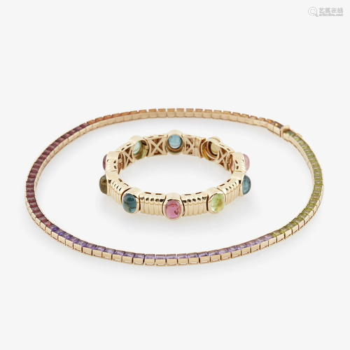 A multi-gem and fourteen karat gold neckl…