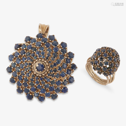 A sapphire pendant brooch and ring suite,