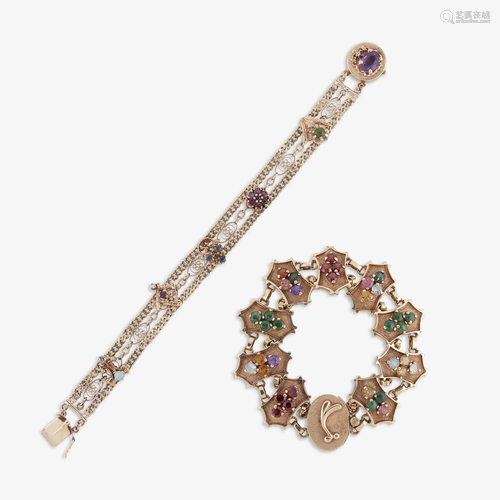 Two multi-gem and fourteen karat gold strap …