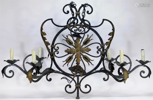 French Six Light Wrought Iron Chandelier