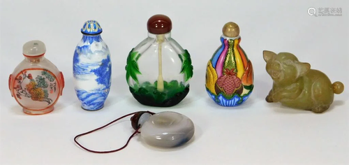 6 Chinese Painted Glass Hardstone Snuff Bottles