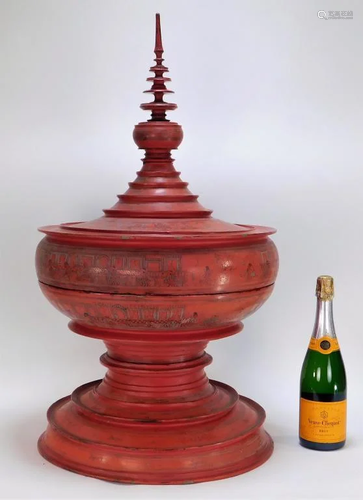 Large Red Lacquer Burmese Thai Food Storag…