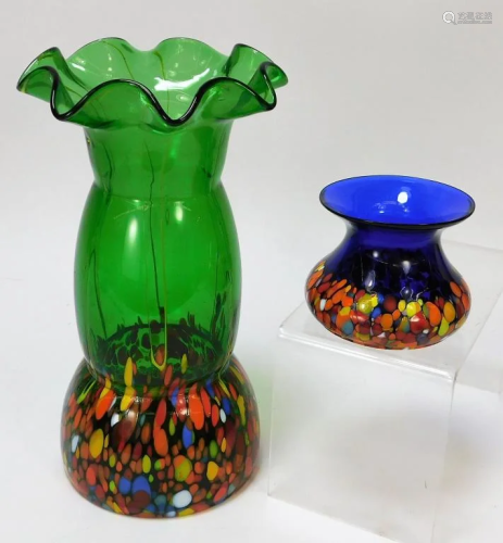 2PC Kralik Blue and Green Bohemian Art Glass…