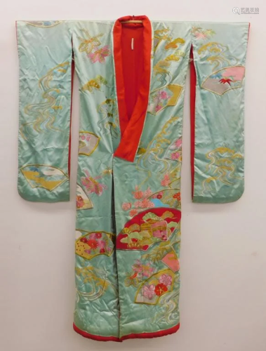 Japanese Silk Teal Floral Fan Kimono