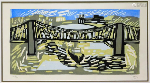 Abstracted Bridge Landscape Scene Lithograph