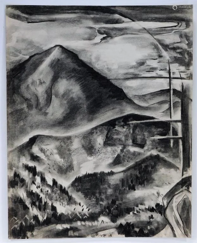 Otto Plaug Mountain Landscape Charcoal Drawi…